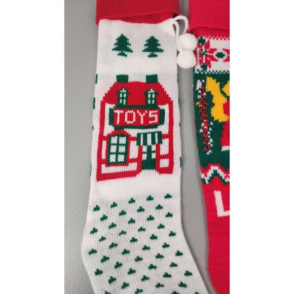 VTG Christmas Knit Stockings Lot Of 3 21" Pom Poms Toys Angel Love Santa Red - Picture 2 of 8